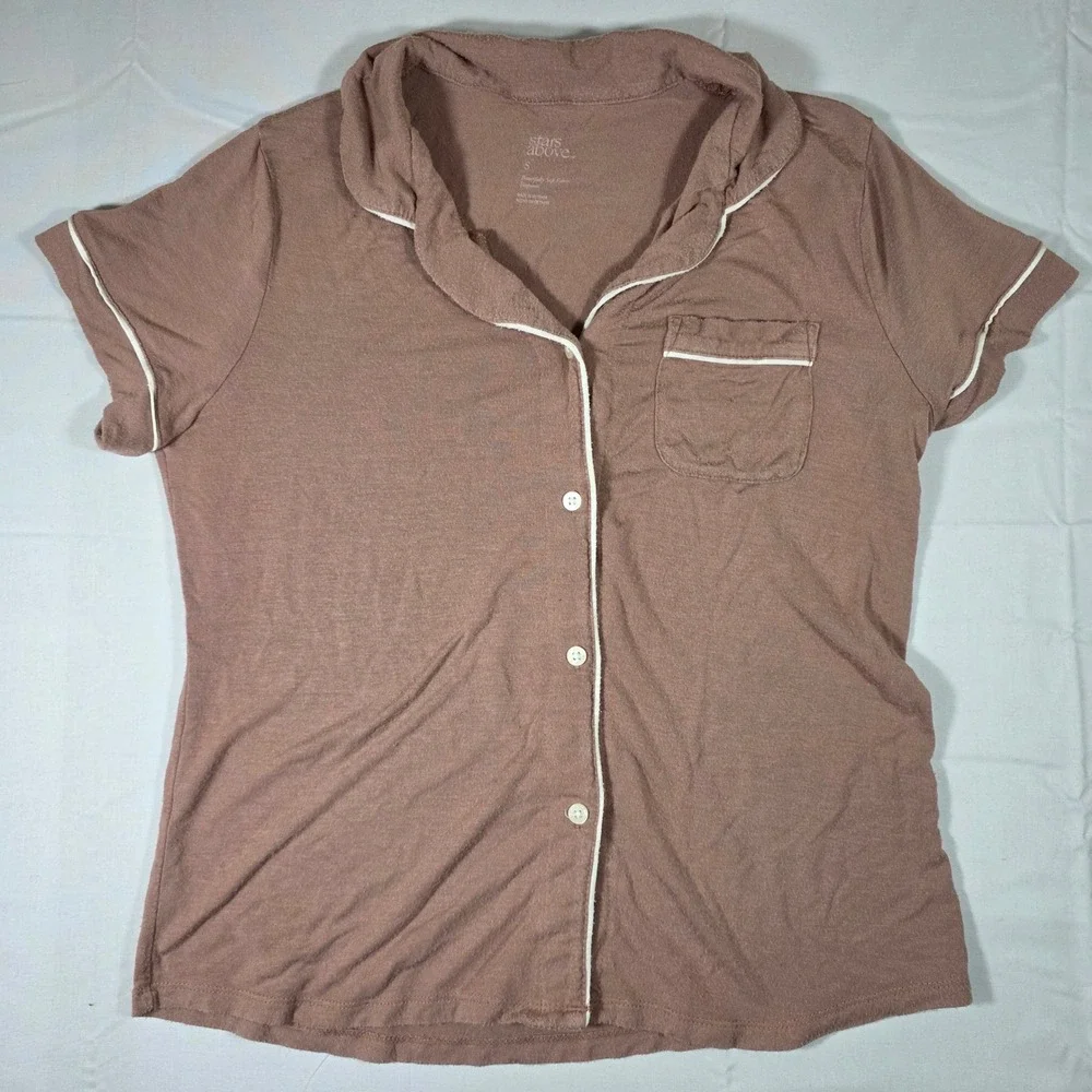 Stars Above Womens Pajama Top Short Sleeve Button Down Mauve Pink Pilling S